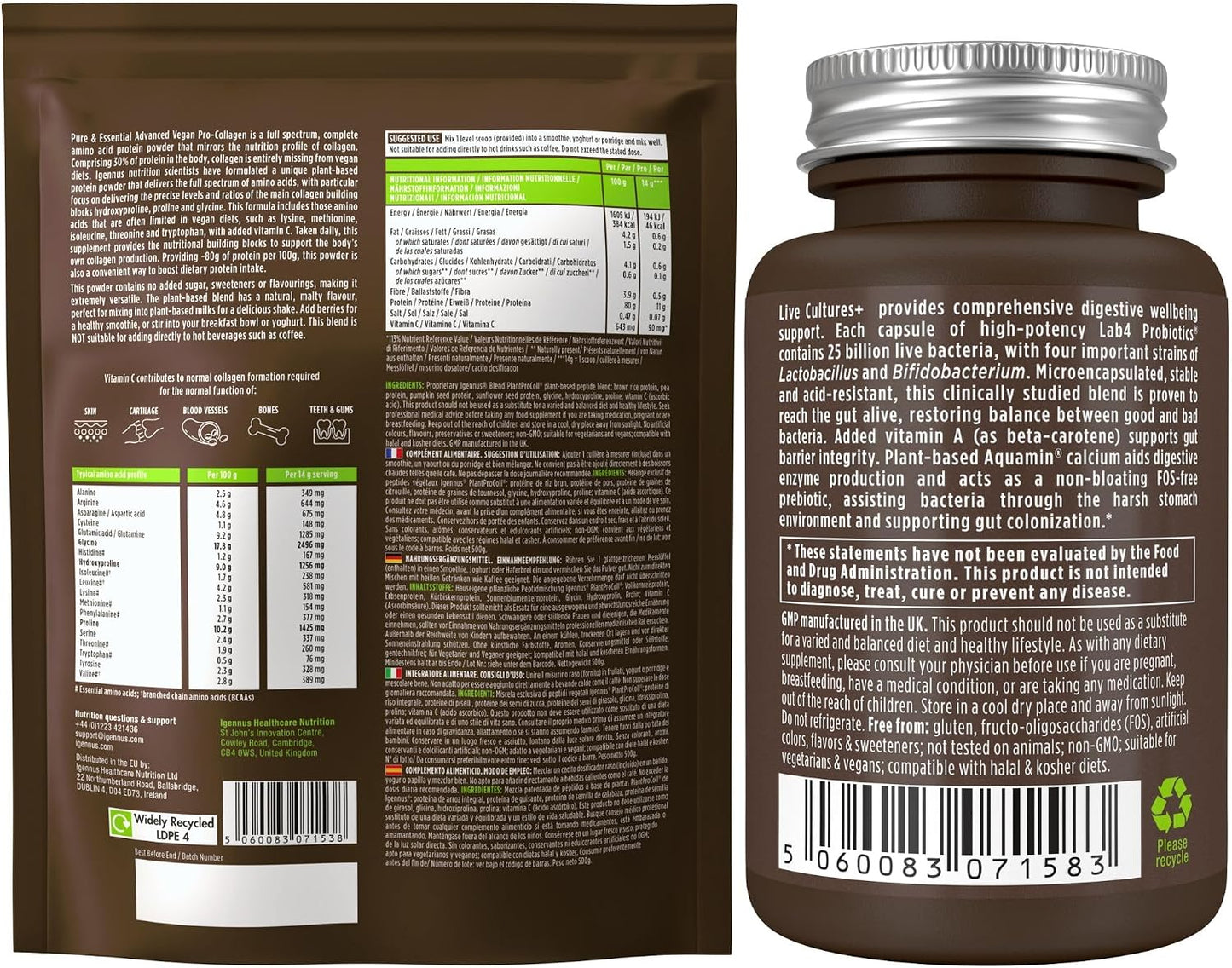 Pure & Essential Vegan Collagen Peptide Protein Powder + Live Cultures+ Lab4 Probiotics Vegan Bundle, Collagen Boosting Formula + 25 Billion CFU Lactobacillus Acidophilus & Bifidobacterium, by Igennus