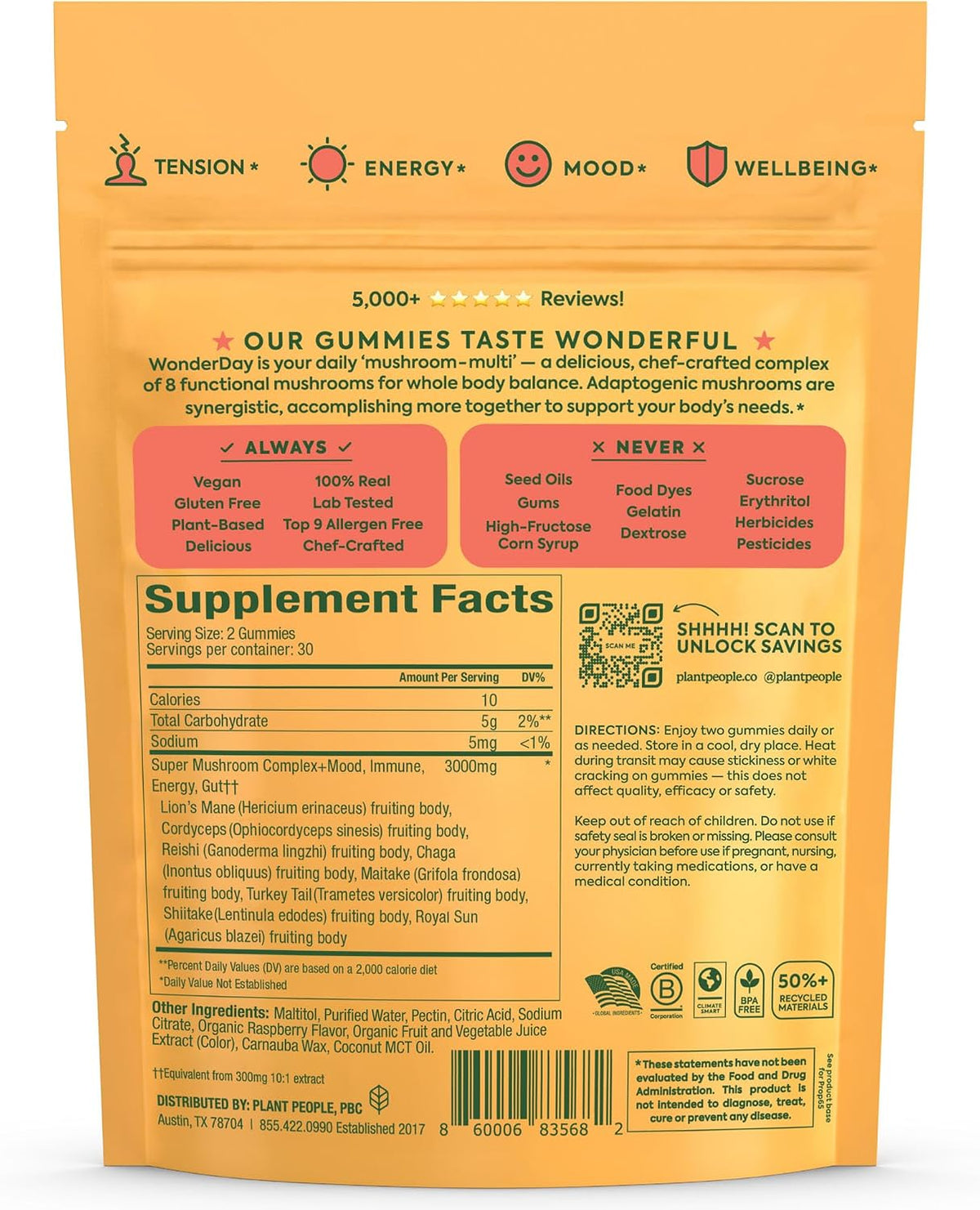 Plant People WonderDay Mushroom Gummies for Energy, Raspberry, 60ct