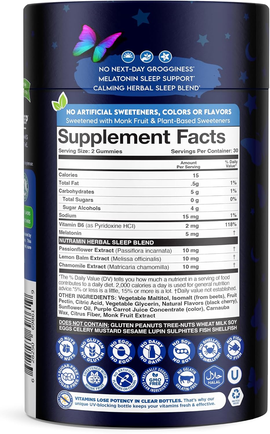 NUTRAMIN Sleep Boost - Dual Sleep Formula Melatonin + Herbal Blend - Sugar-Free, Vegan, Apple Pectin, Dark Cherry 60 ct
