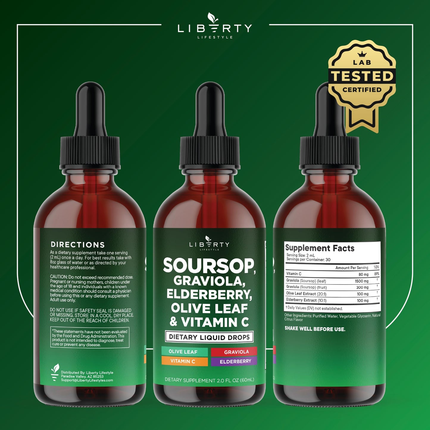 Liberty Lifestyle Soursop Liquid with Soursop Fruit and Leaves, Elderberry, Vitamin C and Olive Leaf - Multimineral & Vitamins Superfood - 4 oz