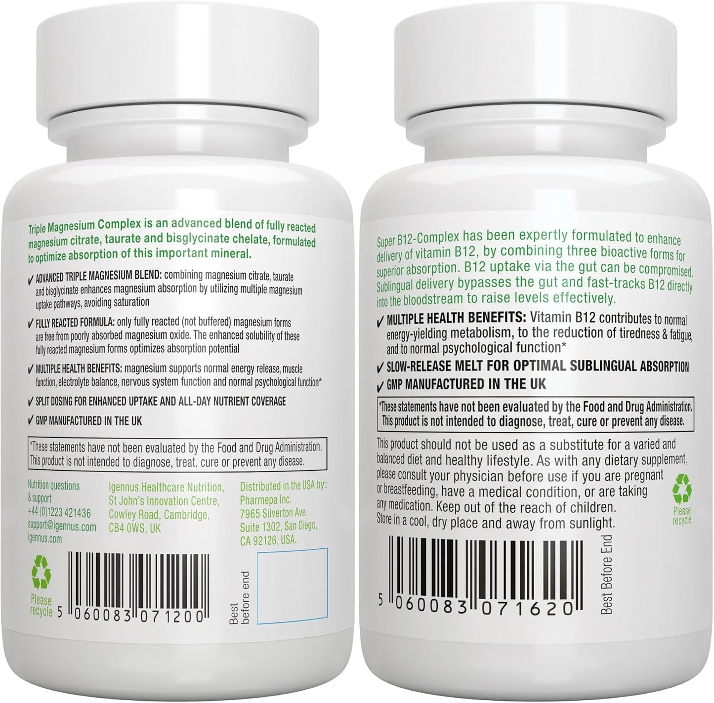 Triple Magnesium Complex + Super B12-Complex Energy Bundle, High Absorption Chelated Glycinate, Taurate & Citrate Magnesium + High Absorption Sublingual B12, Vegan, by Igennus