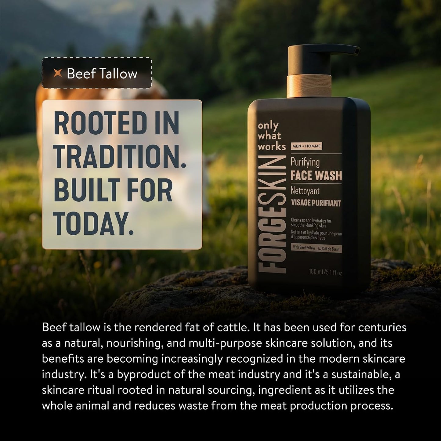 Forge Skin Beef Tallow Face Wash for Men - Morning Nourishing Hydrating Facial Cleanser - Gentle Cleansing Moisturizer for Hydration - Exfoliating Facial Skincare for Clean Skin (5 OZ)