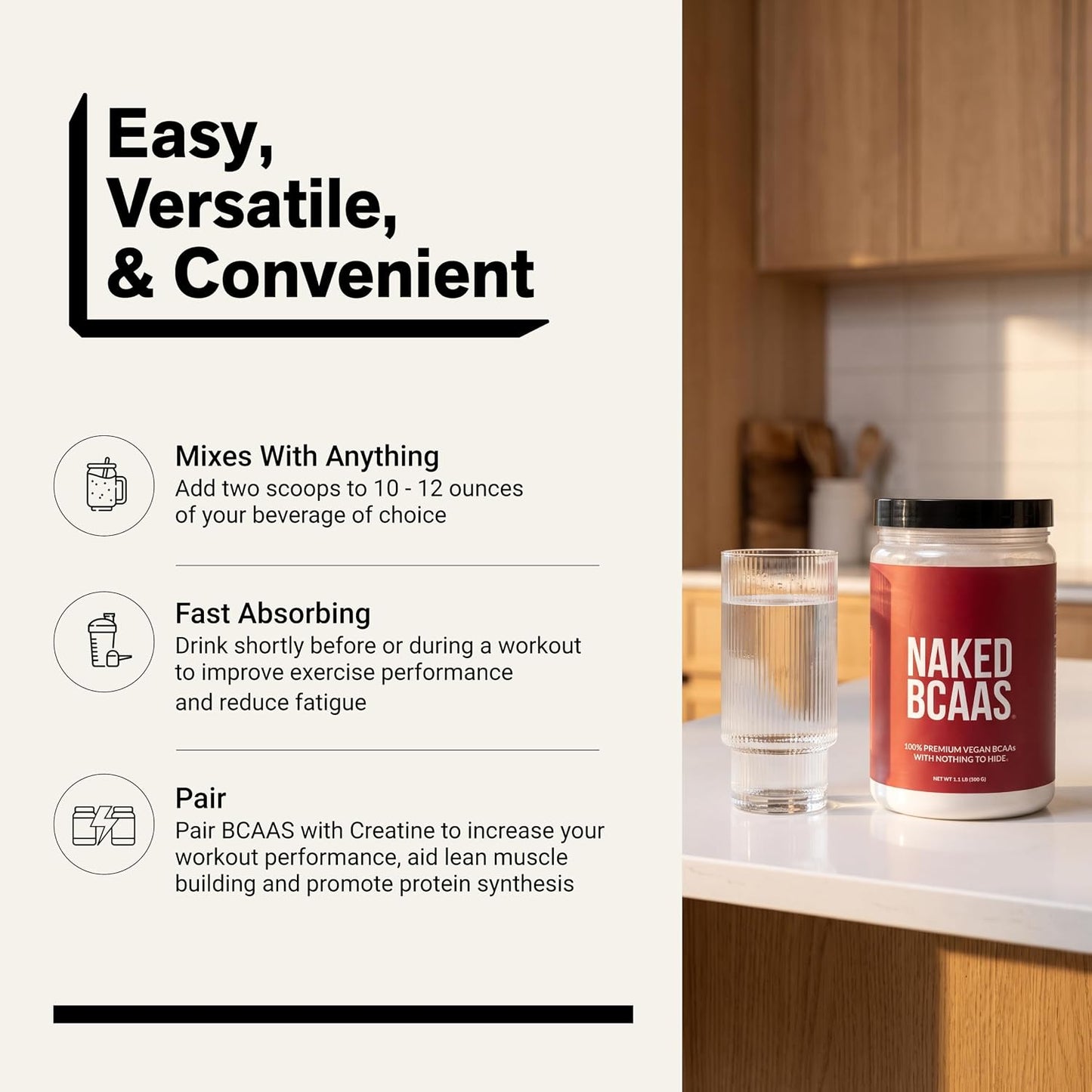 NAKED BCAAs Amino Acids Powder, Only 1 Ingredient, Pure 2:1:1 Formula, Vegan Unflavored Branched Chain Amino Acids, Instantized All Natural BCAA Supplement - 500 Grams, 100 Servings
