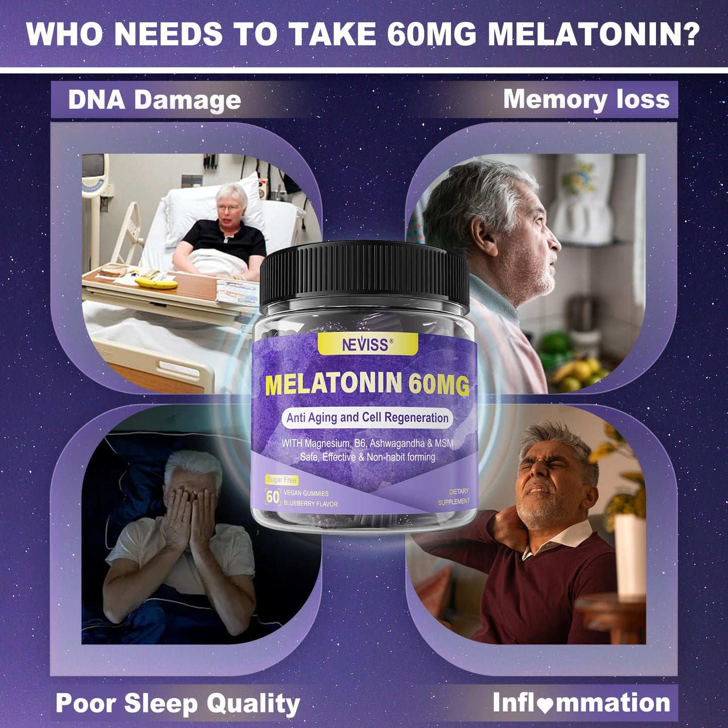 Antioxidant & Brain Support Melatonin 60mg 30mg for 50+ Adults | High Dose Melatonin for Anti-Aging & Immune | Extra Strength Melatonin Gummies with B6, Ashwagandha, Magnesium, MSM - 60 Gummies