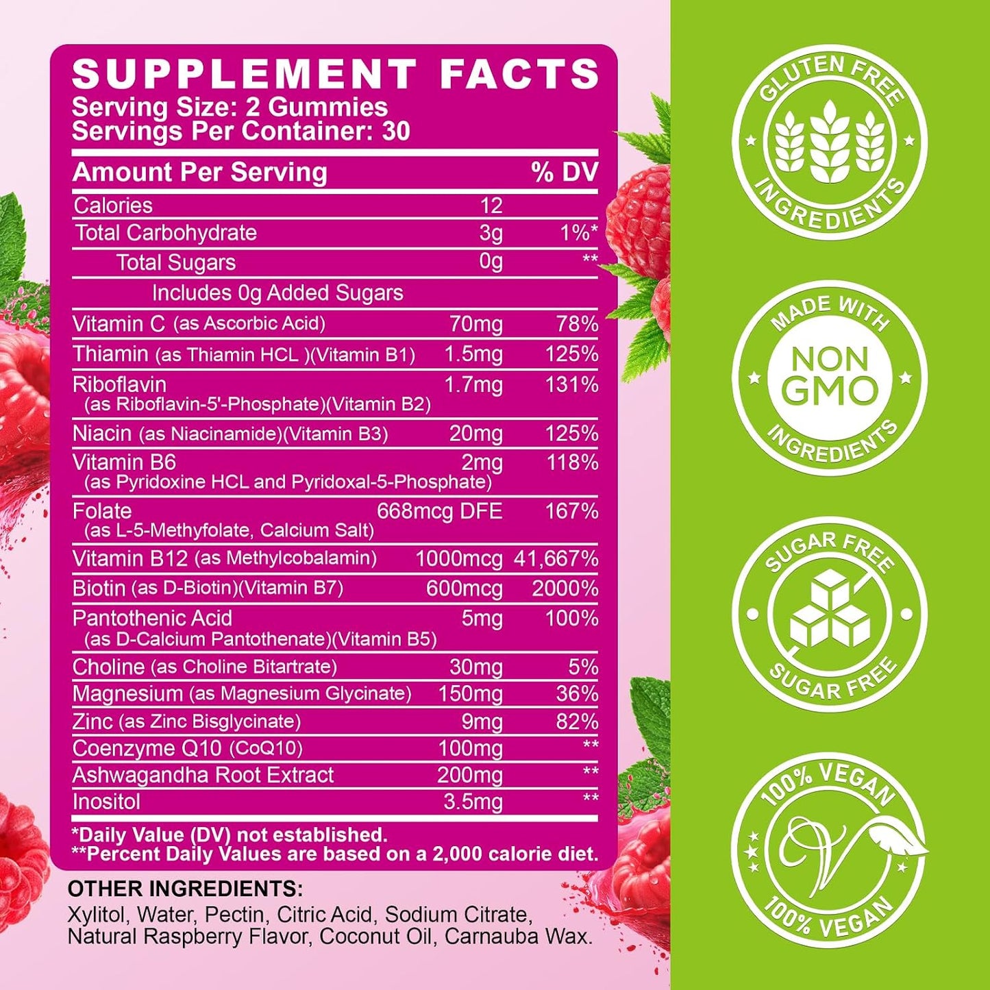 Vitamin B Complex Gummies for Women & Me, Vitamin B12, B1, B2, B3, B6, B7, B9 with Vitamin C, Zinc, Magnesium & CoQ10 for Energy, Brain, Nervous System & Mood, Natural Raspberry Flavor, 60 Gummies