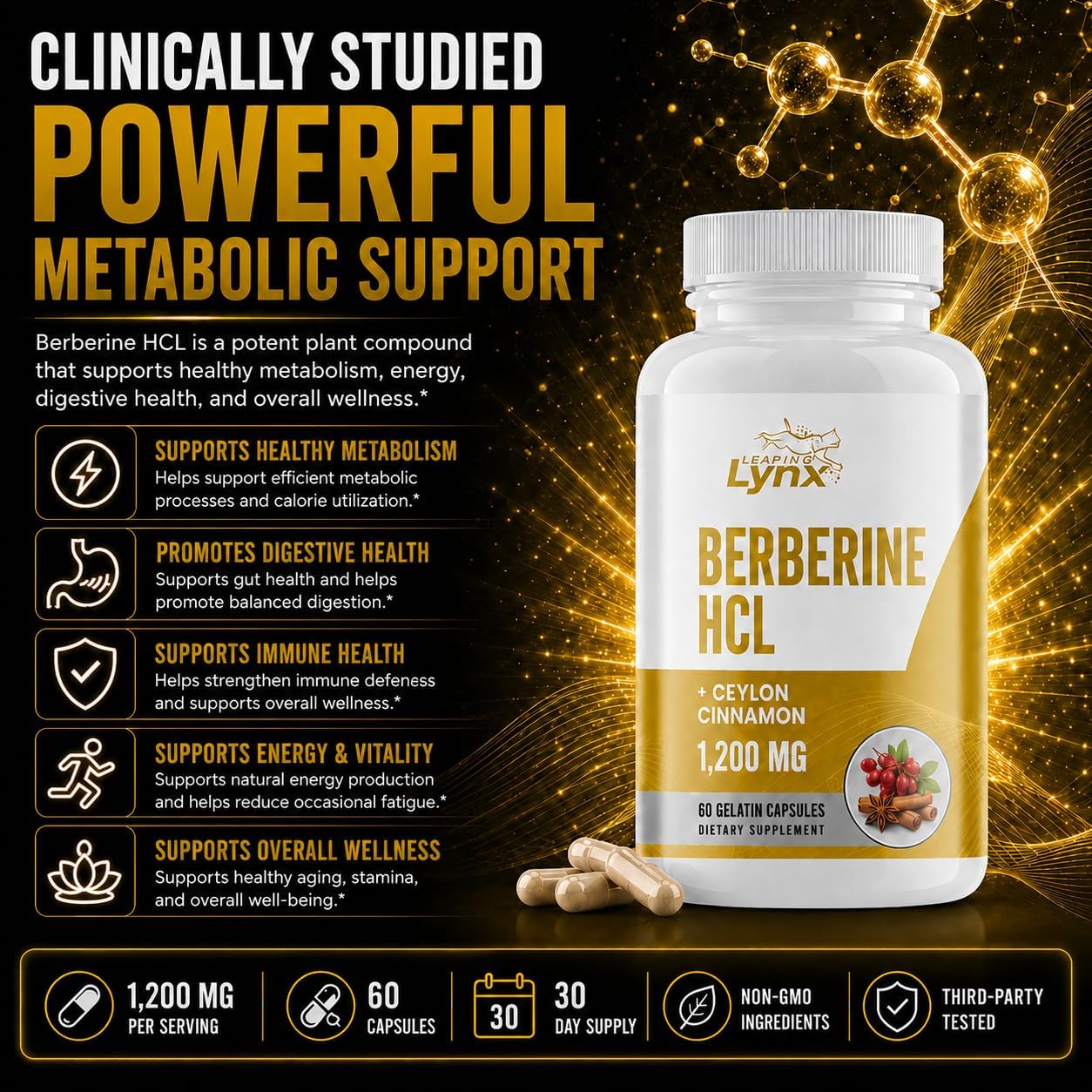 Berberine HCl 1200mg - 60 Capsules - High Absorption Berberine Supplement - Non-GMO, Gluten-Free & Third Party Tested - 30-Day Supply