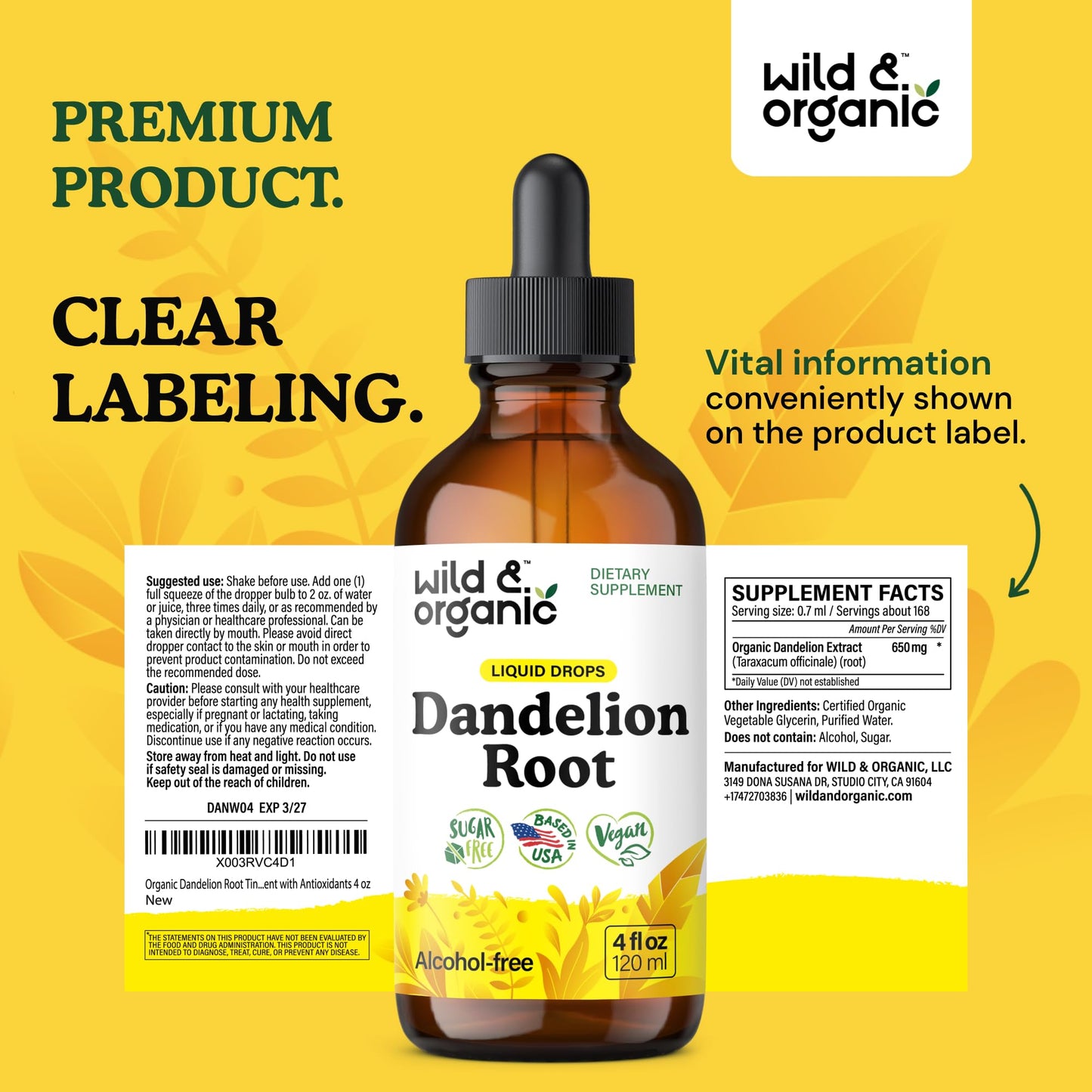 Wild & Organic Dandelion Root Extract Drops - Liver Cleanse Detox - Herbal Dandelion Tincture - Liver Support Supplement - Add to Tea - Vegan, Sugar & Alcohol-Free Liquid Drops - 4 fl oz