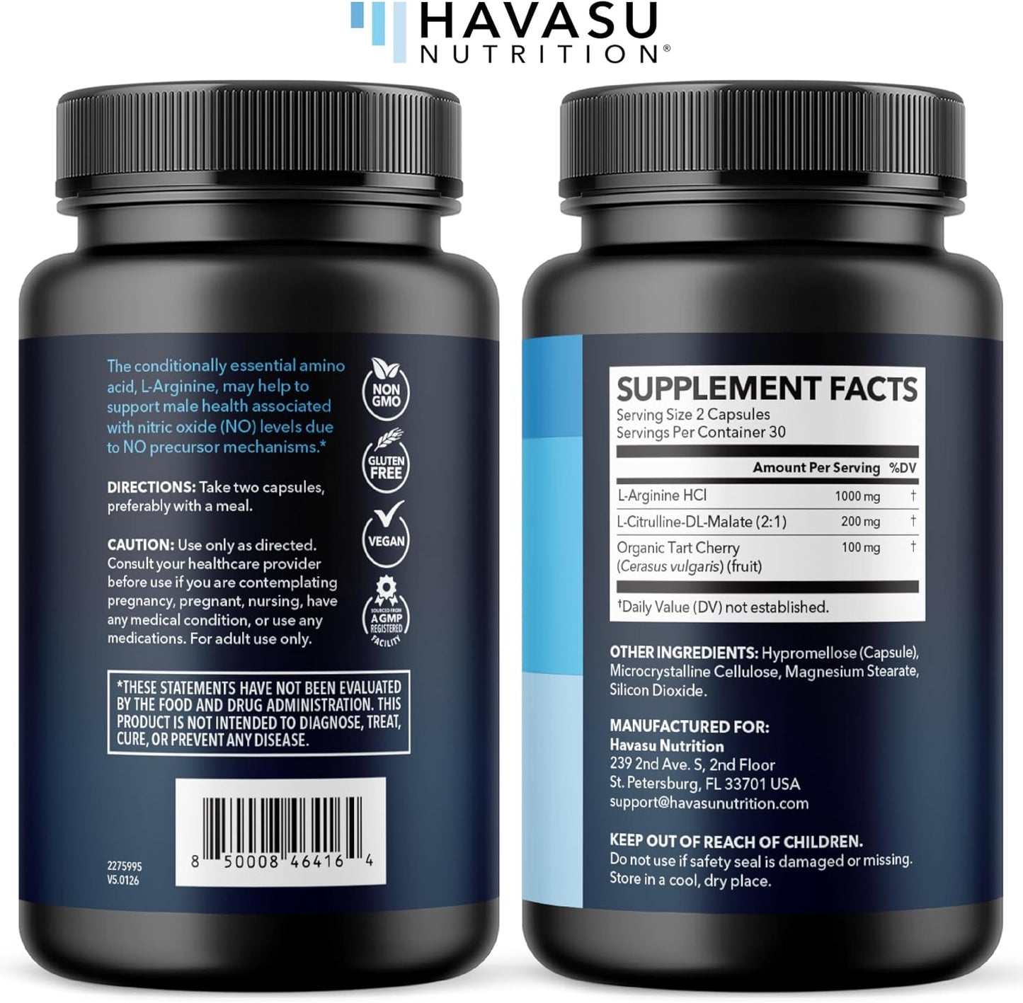 L-Arginine and L-Citrulline for Men, Nitric Oxide Support, 30 Servings | L Arginine 1000mg Capsules with L Citrulline and Tart Cherry, Performance Supplement for Men's Health, Vegan, 60 Count