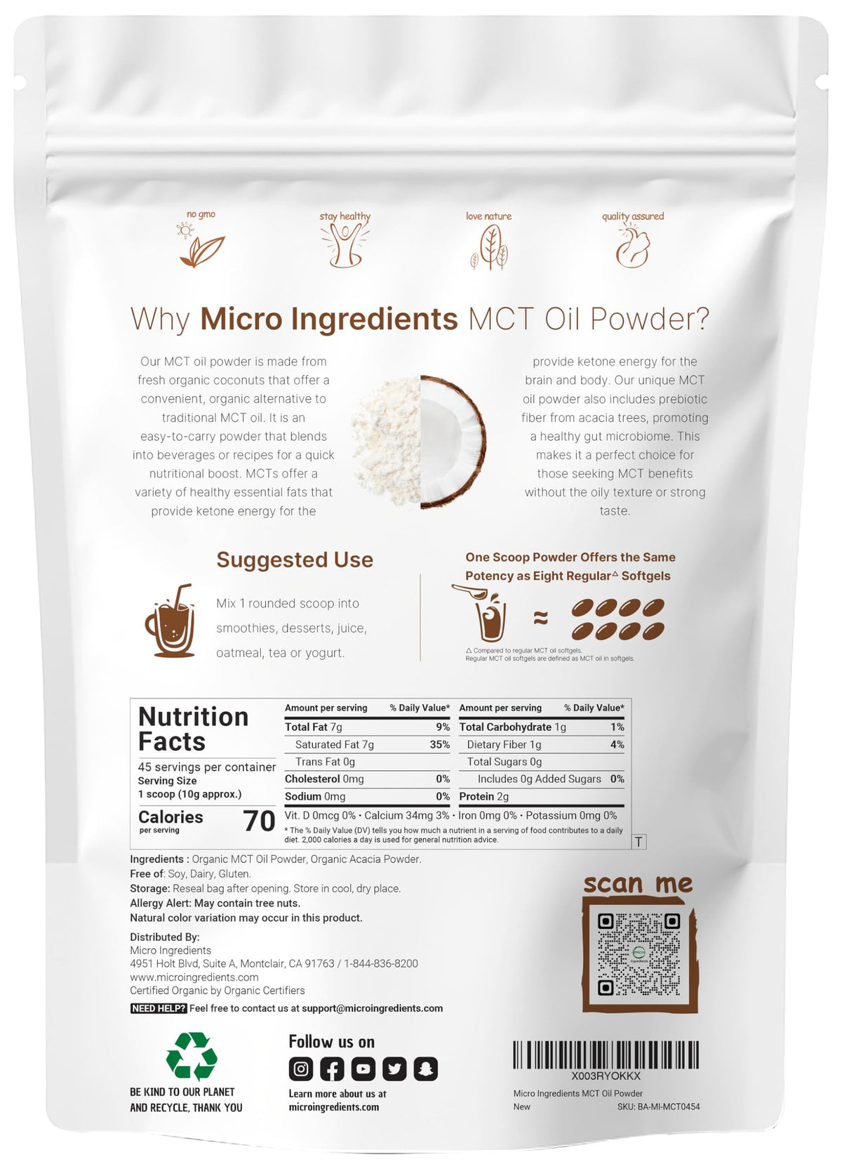 Organic MCT Oil Powder with Prebiotic Fiber,1 Pound(16 Ounce), Fast Fuel for Body and Brain