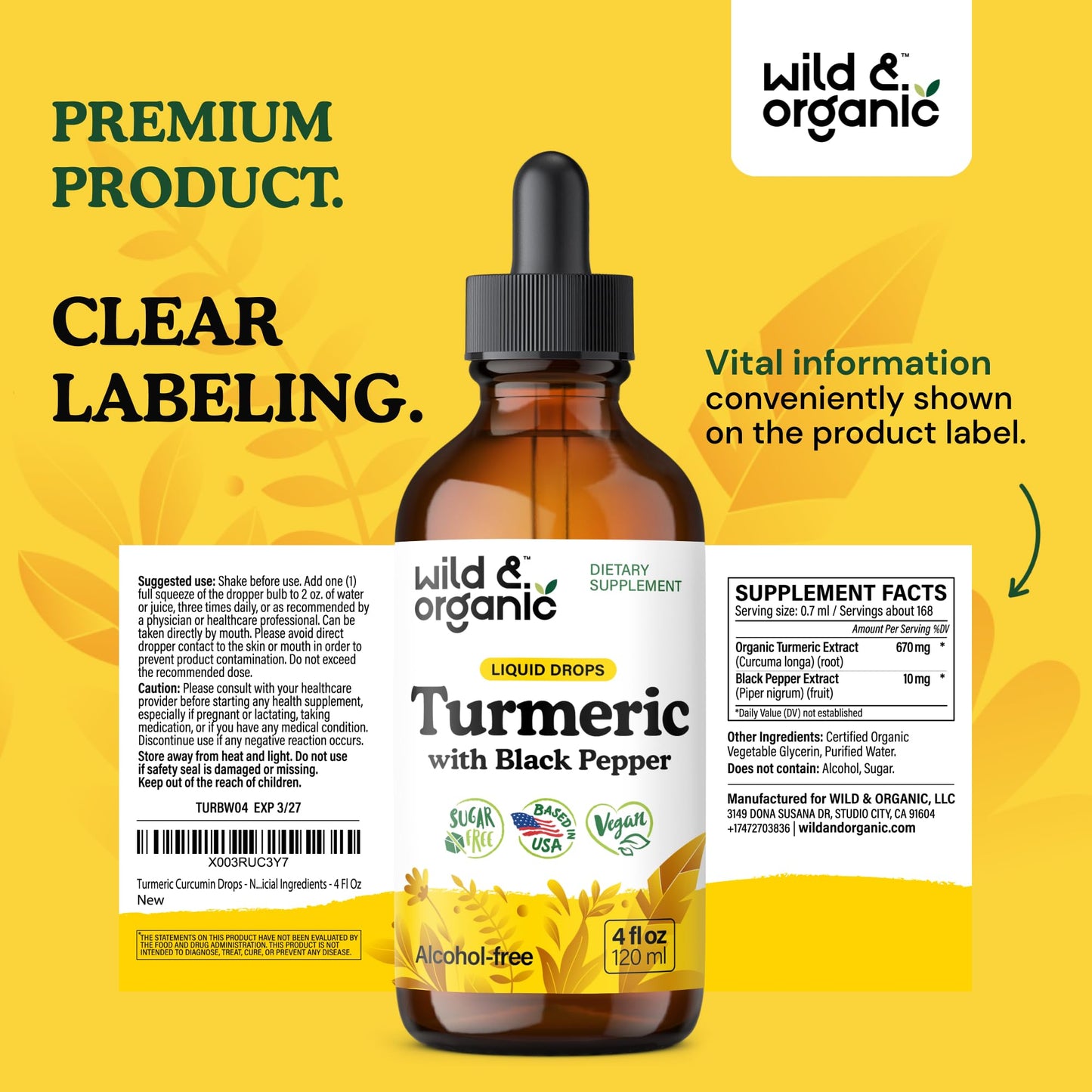 Wild & Organic Turmeric Supplement Liquid Drops - Movement & Immune Support - Liquid Turmeric with Black Pepper Extract - Add to Tea Tincture - Curcumin Supplements - Sugar & Alcohol-Free - 4 fl oz