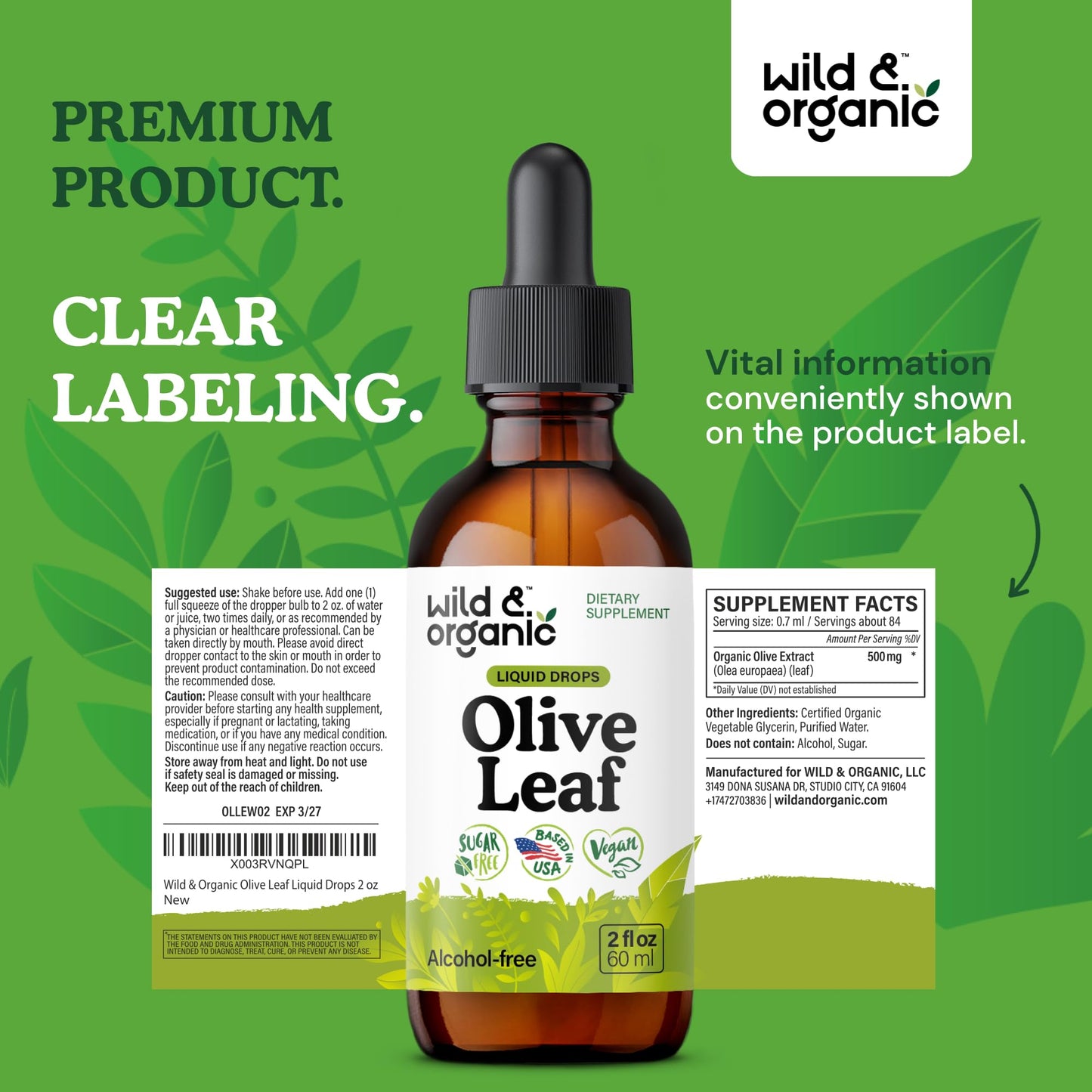 Wild & Organic Olive Leaf Extract Liquid Drops - Immune & Antioxidant Support - Oleuropein Supplement - Add to Tea Olive Leaf Tincture - Vegan, Sugar & Alcohol Free - 4 fl oz
