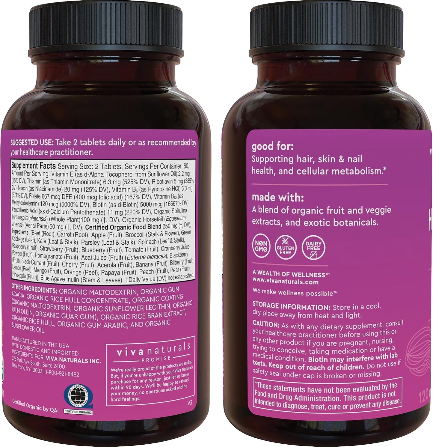 Biotin 5000 mcg Hair Skin Nails Vitamins for Women – Organic and Vegetarian-Friendly Supplement with Vitamin E, B-Vitamins, Spirulina, Horsetail and Superfood Blend to help Produce Keratin –120 Count