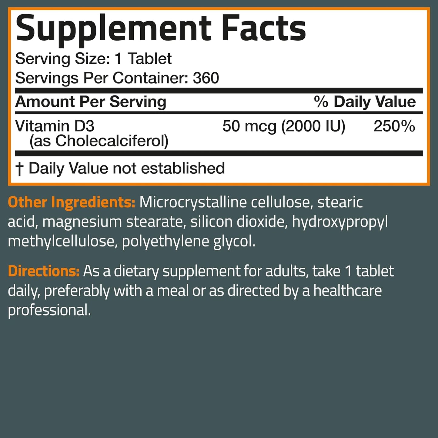 Bronson Vitamin D3 2000 IU (50mcg) Non-GMO, 360 Tablets