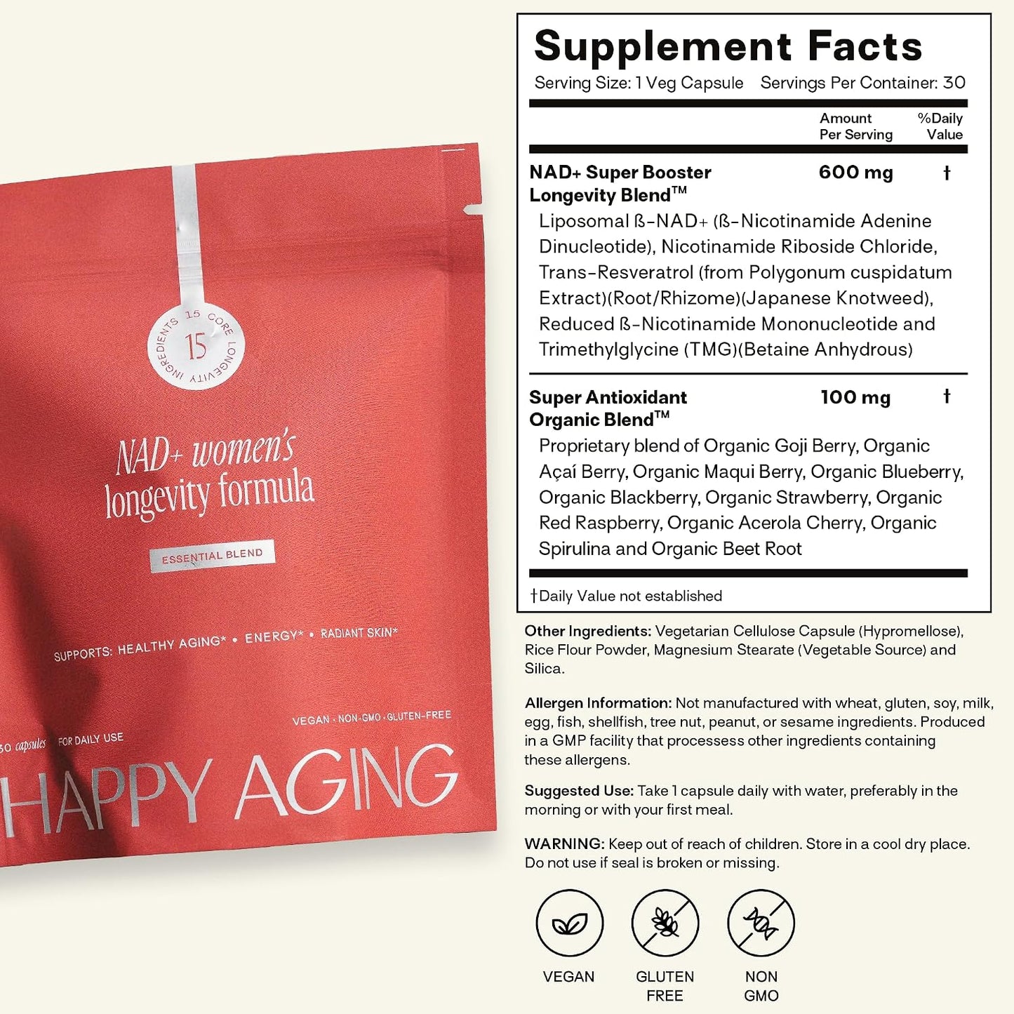 Happy Aging Essential Longevity Formula, NAD+ Super Booster with NR, NMNH & Liposomal β-NAD+, Organic Antioxidant Superfruit Blend for Cellular Energy, Skin Hydration & Daily Vitality, 30 Capsules