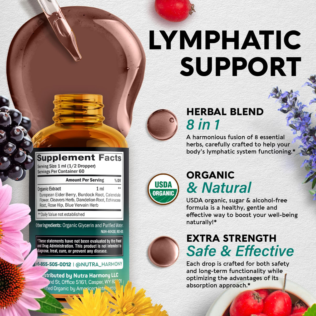 USDA Organic Lymphatic Drainage Supplement - Echinacea | Elderberry | Dandelion