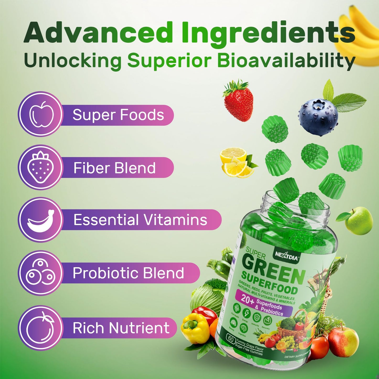 Super Greens Multivitamin Gummies, Greens Superfood Gummies w/Spirulina, Chlorella, Multivitamins, Prebiotic Fiber, Adaptogens, Adults Vitamins for Gut Health, Immunity, Focus & Energy, 120Cts