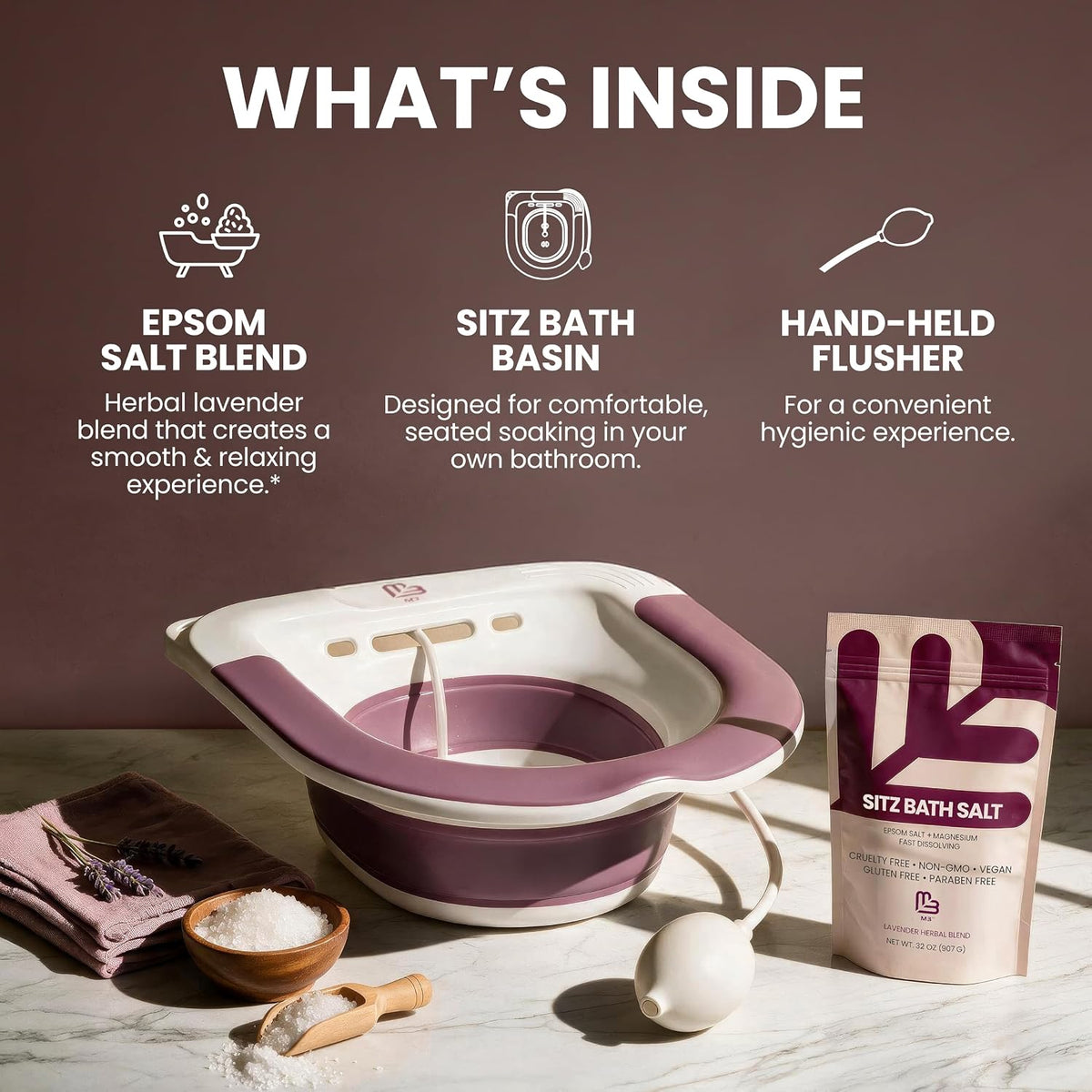 M3 Sitz Bath & Sitz Bath Salt (16 oz) Kit for Postpartum & Hemorrhoid Care
