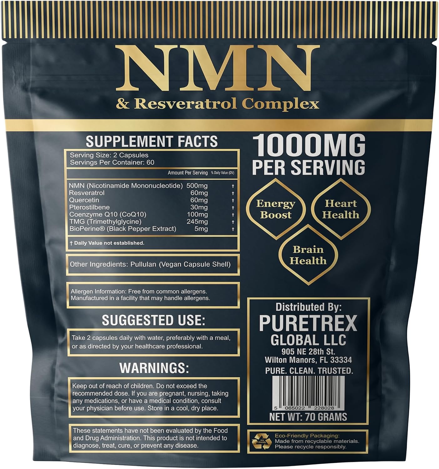 NMN 1000mg with Resveratrol, TMG, Pterostilbene, Quercetin, CoQ10, BioPerine - NMN Supplement, NAD Booster, Longevity Formula, Vegan, 120 Capsules