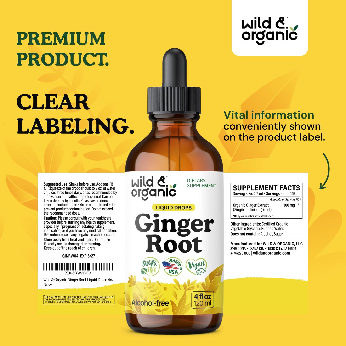 Wild & Organic Ginger Root Extract Drops - Immune & Digestive Support - Liquid Ginger Supplements - Easy to Add to Tea - Vegan, Sugar & Alcohol-Free Tincture - 4 fl oz