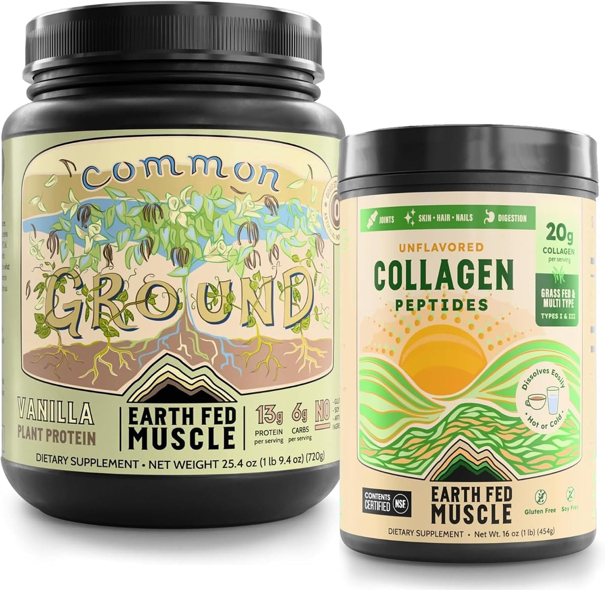 Earth Fed Muscle Vegan Wellness Pack – Plant-Based Vanilla Protein Powder + Grass-Fed Collagen Peptides – Clean Energy, Muscle Recovery, Hair, Skin & Joint Support – Gluten Free & Keto Friendly – 2 Pa