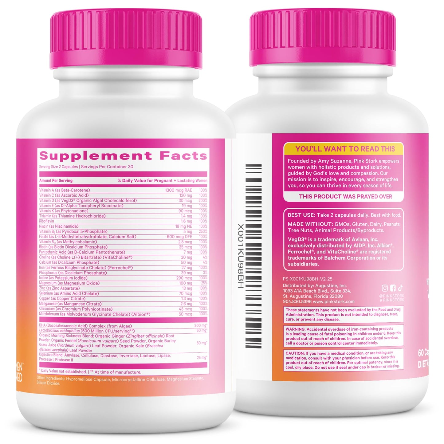 Pink Stork Premium Prenatal Vitamins for Women, 60 Count | No Fishy Burps, Methylated Folate, Choline, Vegan Algae DHA, Iron, Doctor-Formulated, Organic Whole-Foods, Probiotic
