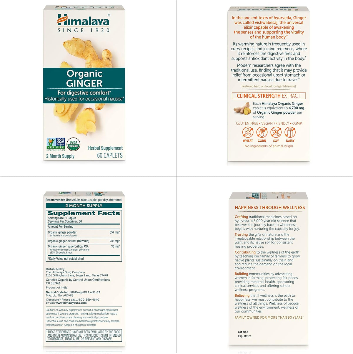 Himalaya USDA Organic Ginger Root Capsules, 60 Caplets, 60 Day Supply