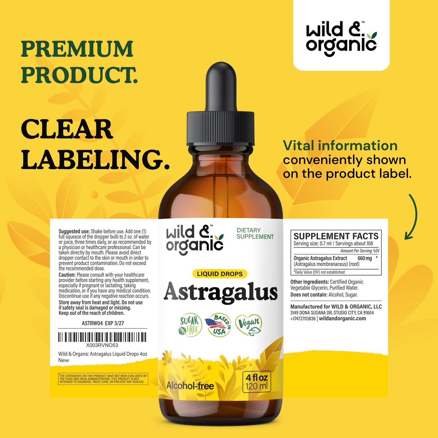 Wild & Organic Astragalus Root Extract Drops - Immune Support - Liquid Astragalus Supplement - Add to Tea & Mix with Powder - Membranaceus Herb - Vegan, Sugar & Alcohol-Free Tincture - 4 fl oz