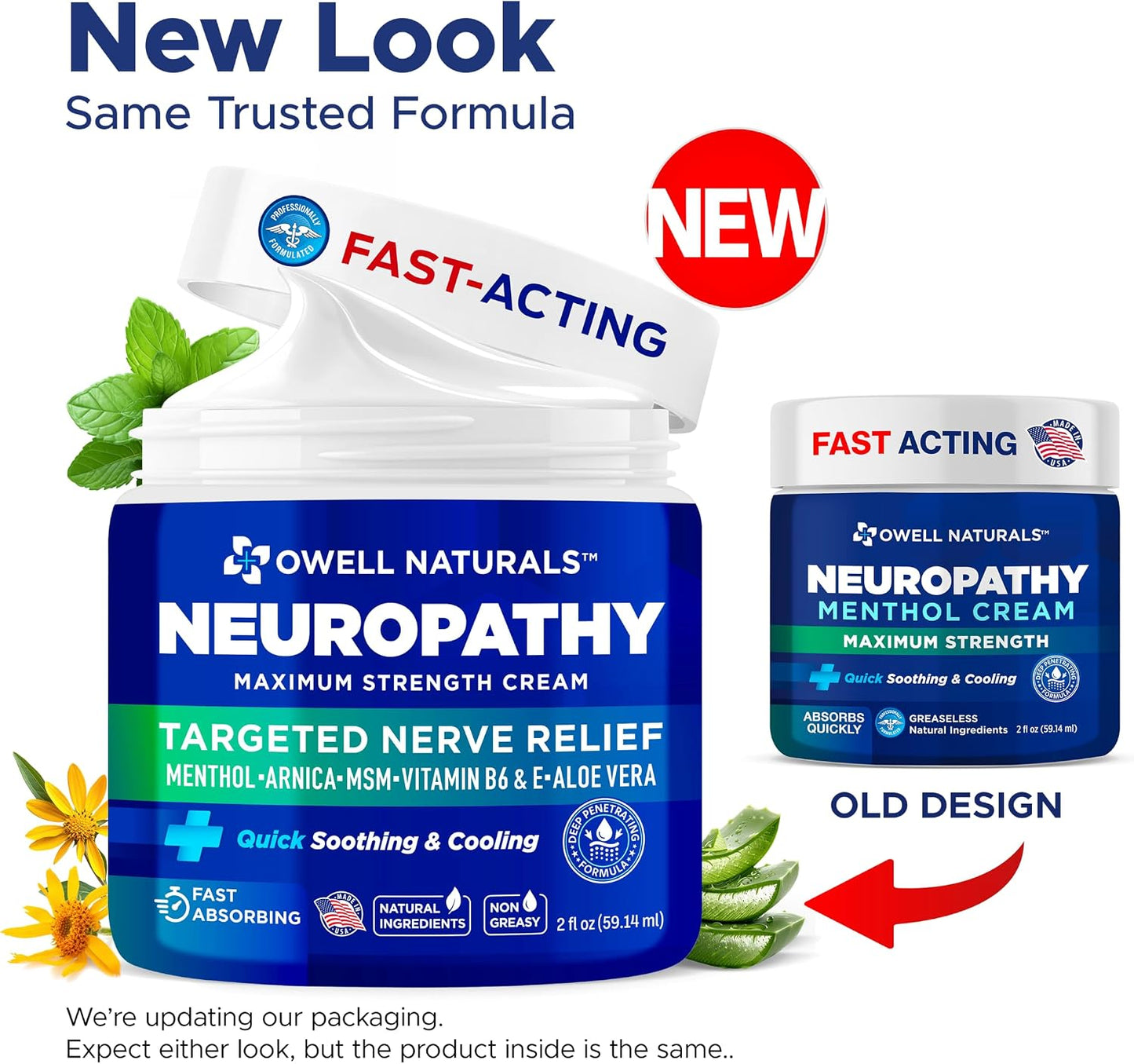 Owell Naturals Neuropathy Cream Extra Strength – Fast Absorbing Cooling for Leg, Feet & Hands – Advanced Soothing Formula with Aloe Vera, Arnica, MSM & Vitamin B6 – Made in USA, 2 fl oz