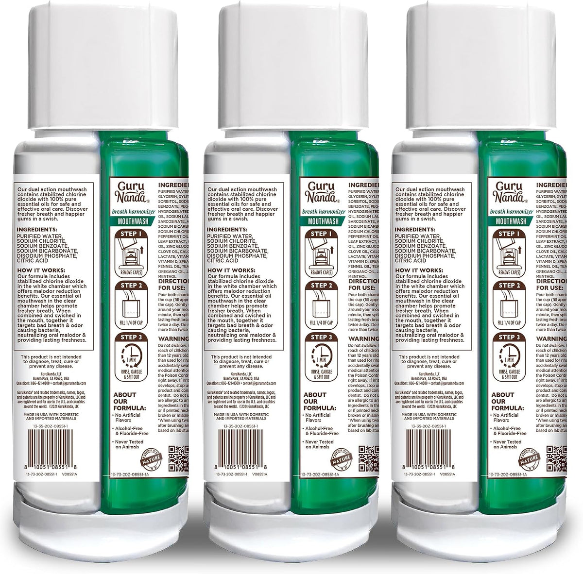 GuruNanda Dual Barrel Fresh Breath Mouthwash with Xylitol, Mint, 3x20 oz