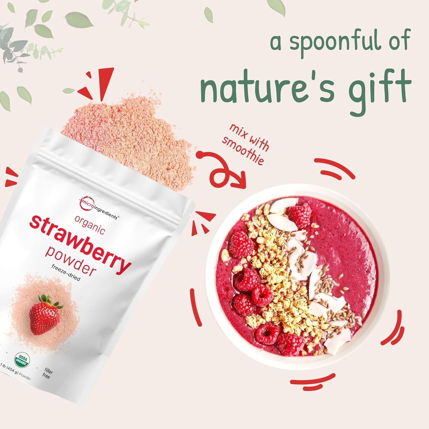 Organic Strawberry Powder, 1 Lb | 100% Natural Fruit Powder | Freeze-Dried Strawberries Source | No Sugar & Additives | Great Flavor for Drinks, Smoothie, & Beverages | Non-GMO & Vegan Friendly