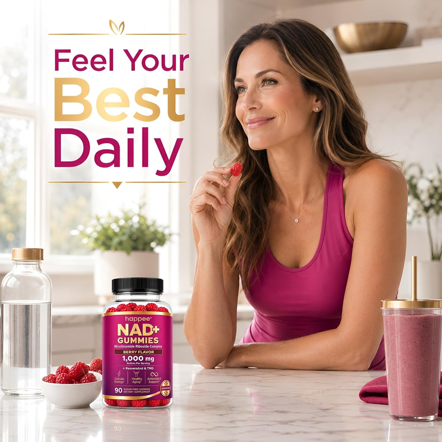 Happee NAD+ Gummies Supplement for Women & Men, Sugar-Free 1,000mg 90 Ct | Healthy Aging, Energy, & Focus 5-in-1 NAD Plus Resveratrol, Nicotinamide Riboside 500mg NR, TMG, Quercetin, & CoQ10