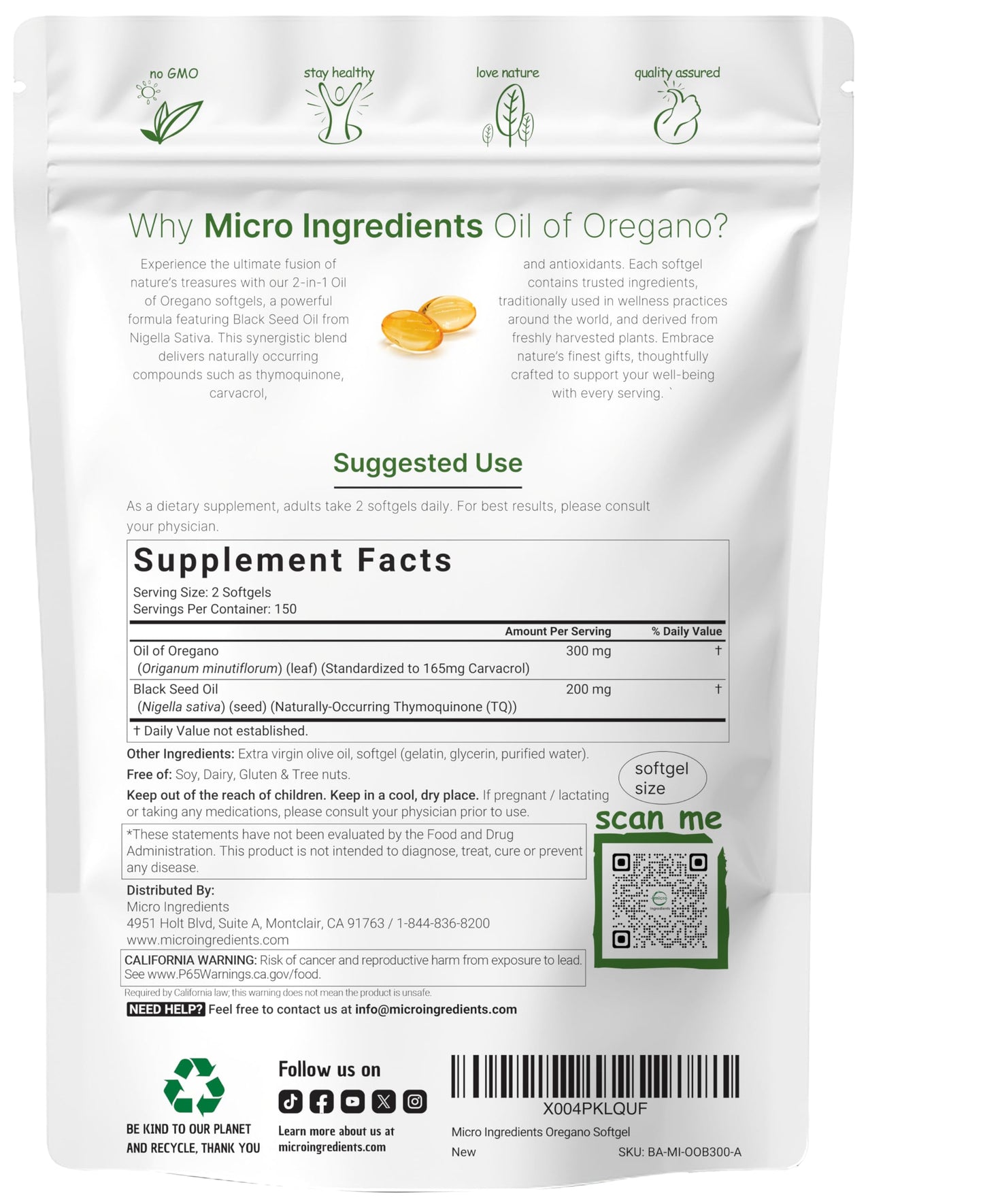 Micro Ingredients Oil of Oregano Softgels, 300 Count | 2 in 1 Formulated with Black Seed Oil | 4X Strength Carvacrol & Thymoquinone | Plant Based, Non-GMO