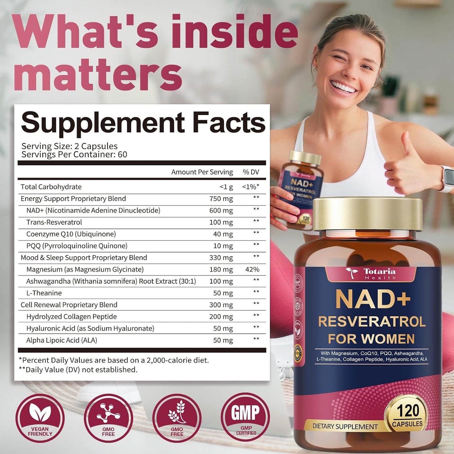 Totaria NAD+ Supplement for Women - NAD Trans-Resveratrol Supplement with Magnesium,CoQ10,PQQ, Ashwagandha,Collagen Peptide - NMN & NMNH Alternative - Cellular Renewal & Energy - 120 Capsules