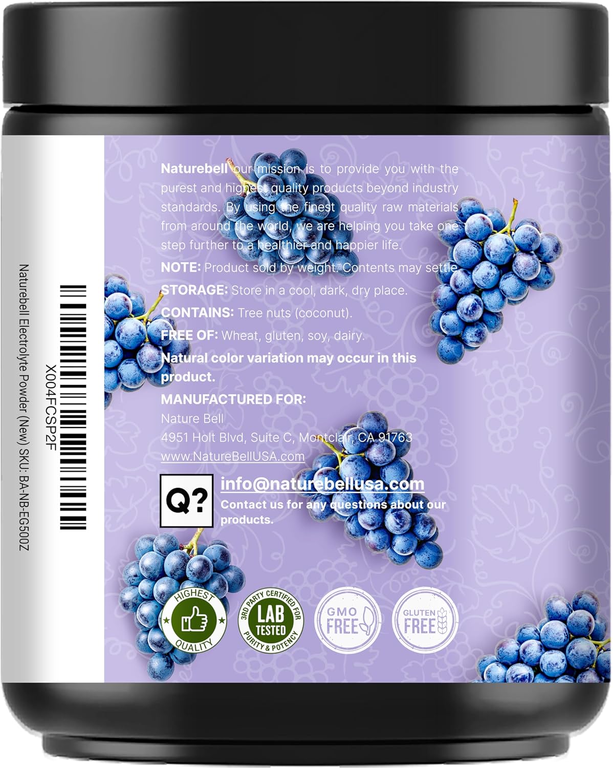 NatureBell Electrolytes Powder No Sugar, 500g (76 Servings) | Keto Fast Hydration Powder, Carnivore-Friendly Electrolyte – 1,000mg High Potassium, Minerals, & Coconut Water – Concord Grape Flavor