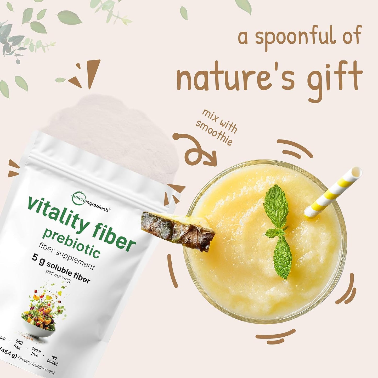 Micro Ingredients Vitality Prebiotic Fiber Powder, 1lb | Easy Mix Powder for Digestive & Gut Health | Daily Prebiotic Soluble Fiber Supplement for Women and Men | Unflavored, Sugar Free & Vegan