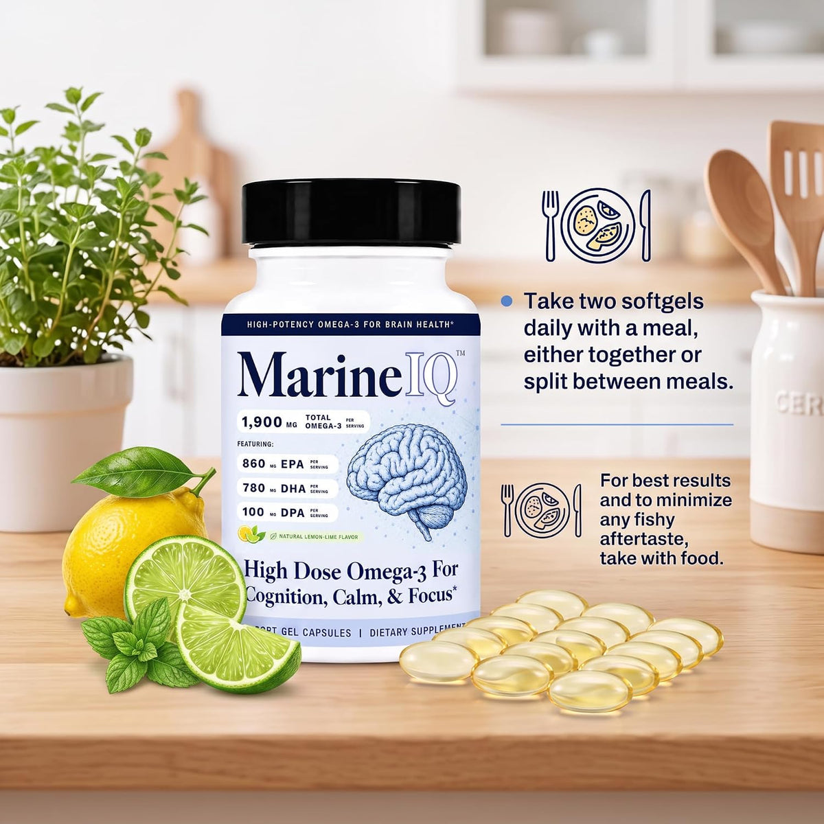 Utzy Naturals MarineIQ | High-Potency Omega-3 for Brain Health | 60 Softgel