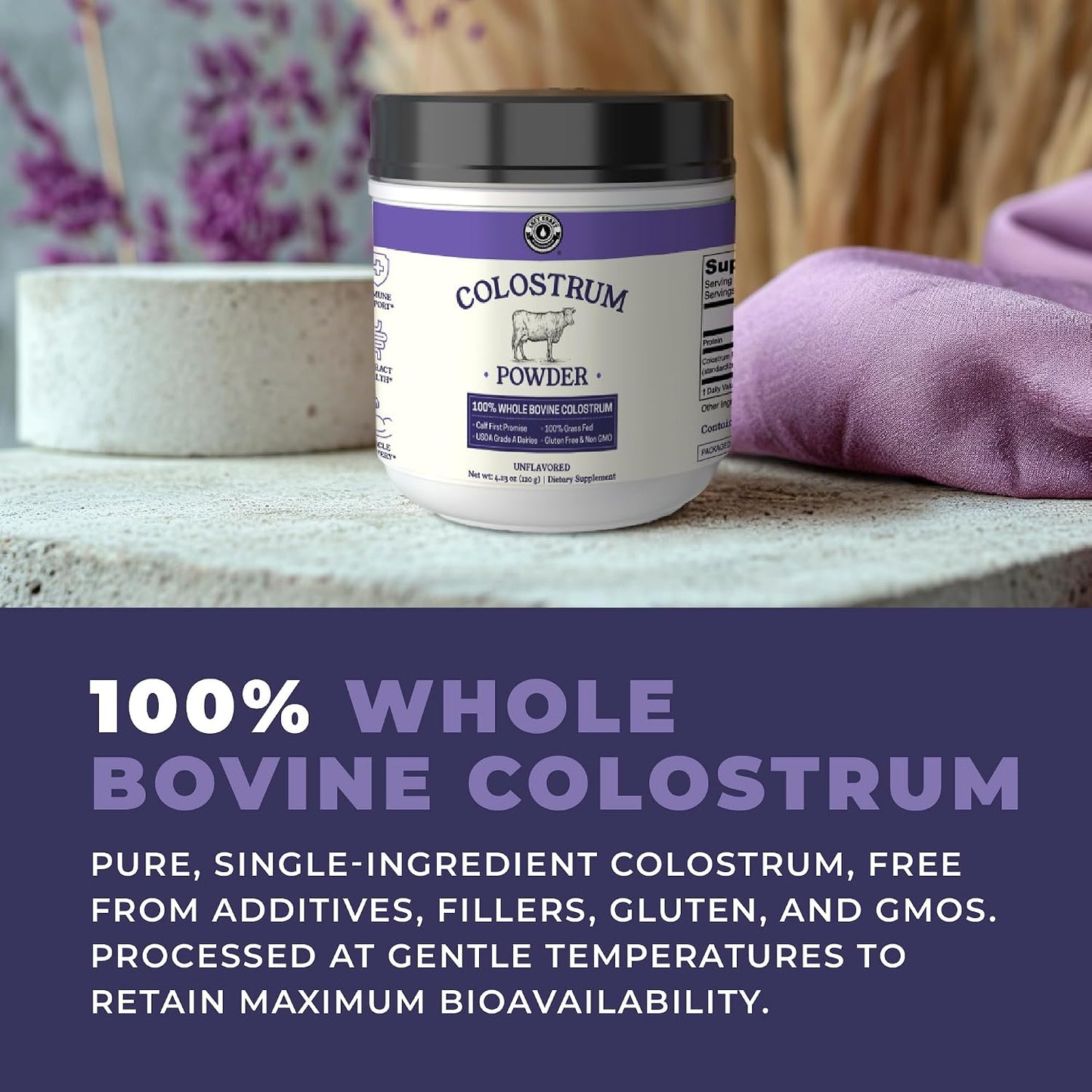 Colostrum Powder – USA Sourced Bovine Colostrum for Humans for Immune Support, Gut Health, Muscle Recovery - Single Ingredient, No Additives, Grass Fed, Non-GMO Colostrum Supplement for Women and Men