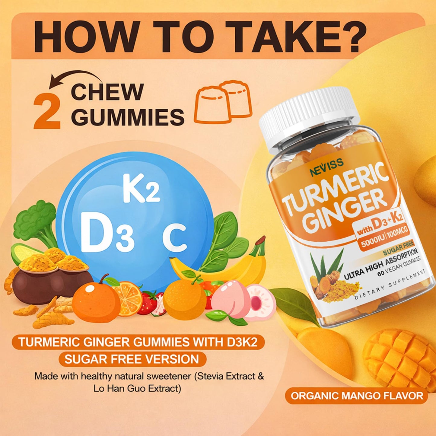 Turmeric and Ginger Gummies Supplement 1500mg w/Vitamin D3 5000 IU, K2 (MK7) & Black Pepper, Sugar Free Vegan Ginger and Turmeric Curcumin Supplements Gummy for Bone, Immune & Digestive Health, 120ct