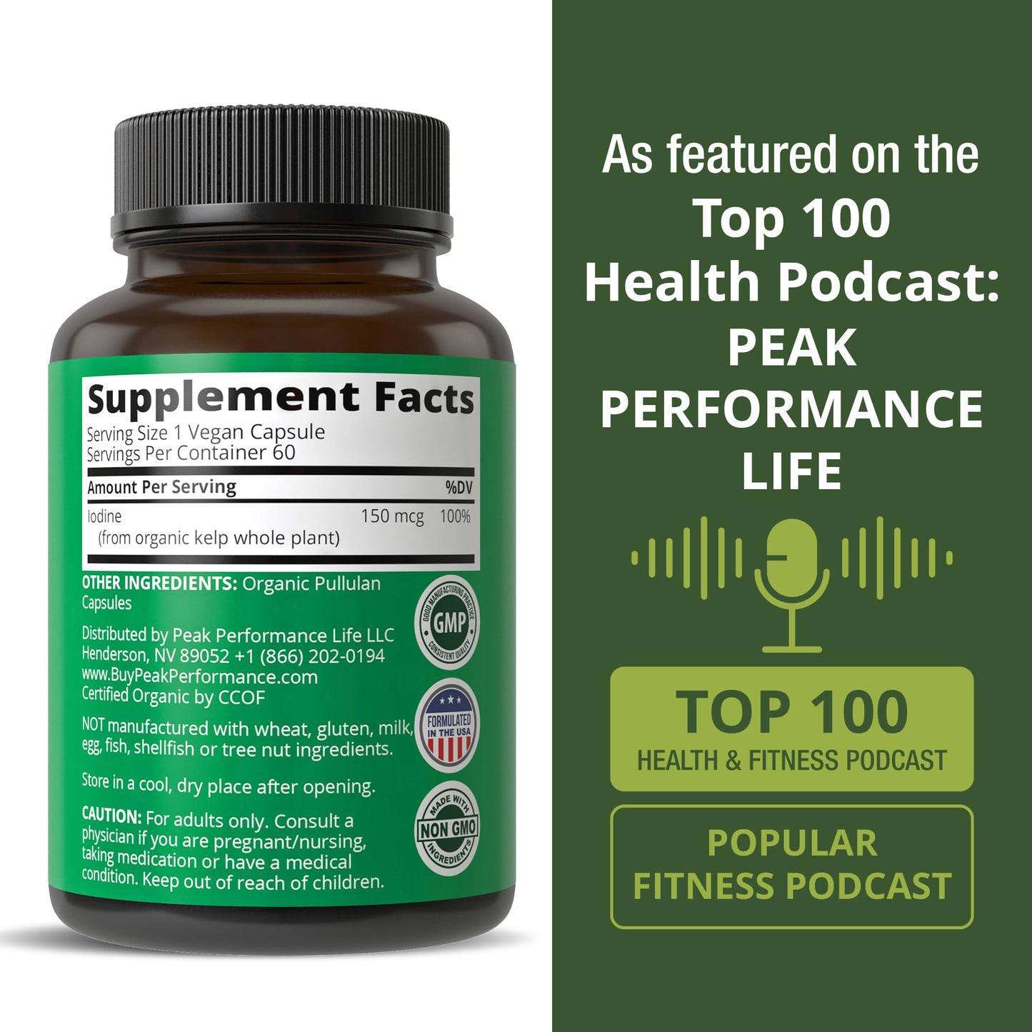 USDA Organic Raw Whole Food Iodine Supplement from Kelp (Ascophyllum Nodosum) - Potassium Iodide Tablets Alternative - for Thyroid, Energy, and Immune Support - 60 Vegan Capsules by Peak Performance