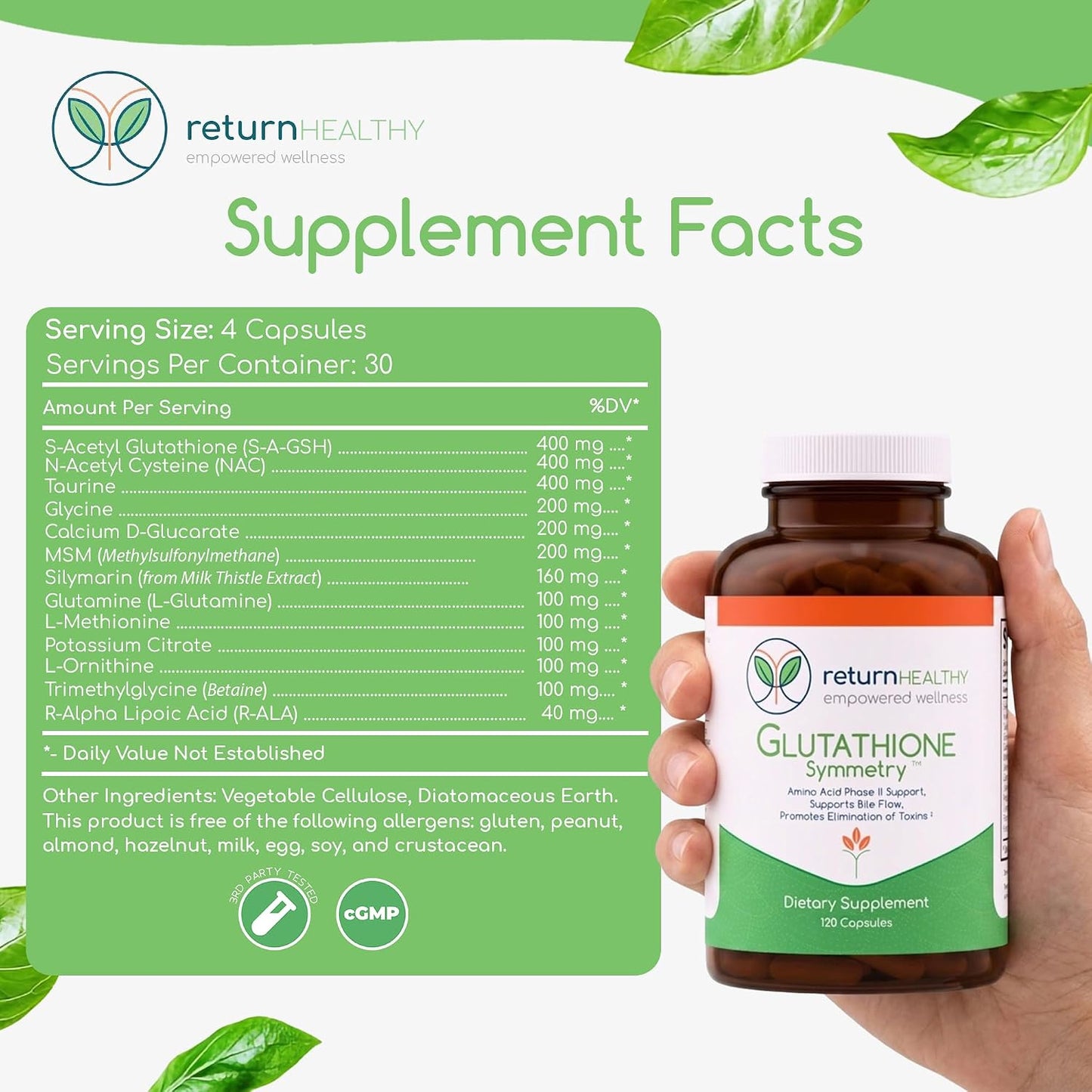 Glutathione Symmetry | S-Acetyl Glutathione Supplement | Antioxidants & Detoxification Supplement | Natural Cellular Support | All-Natural, Vegan, Non-GMO, 120 caps