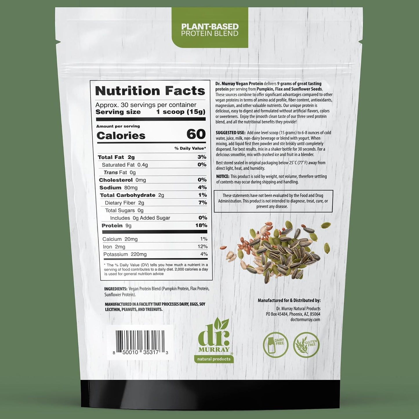 Dr. Murray's Super Foods 3 Seed Protein Powder - Pumpkin Flax Sunflower | Vegan Plant Protein | No Artificial Additives | GMP Certified | Unflavored, 1 lb.