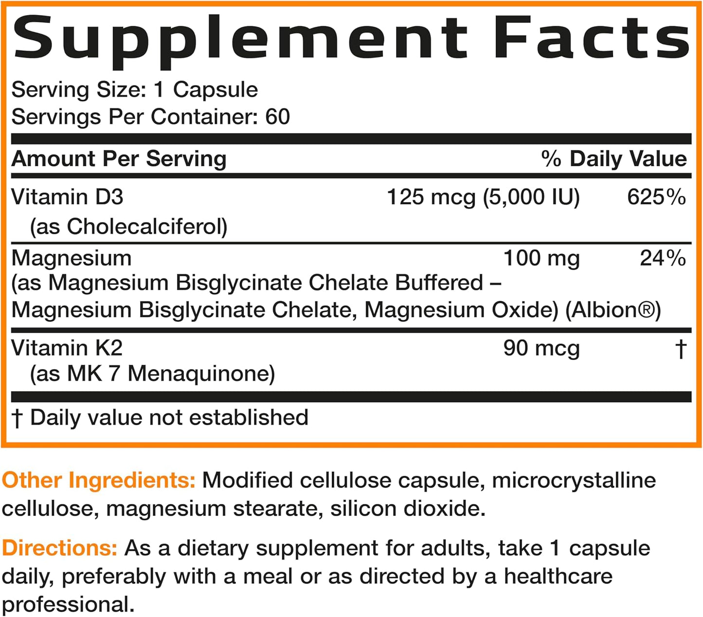 Bronson Vitamin K2+D3 Magnesium Glycinate Supplement, 60 Capsules | 3-in-1 Bone & Heart Health Support Formula, Non-GMO, Gluten Free, Soy Free