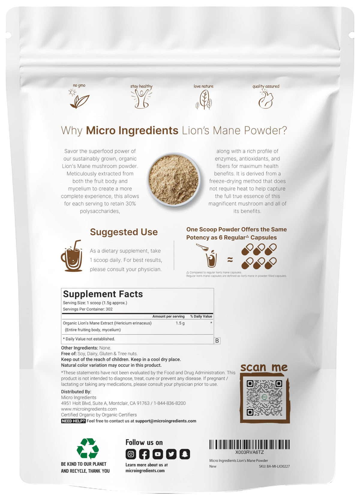 Micro Ingredients Organic Lions Mane Mushroom Supplement Powder 16 Ounce