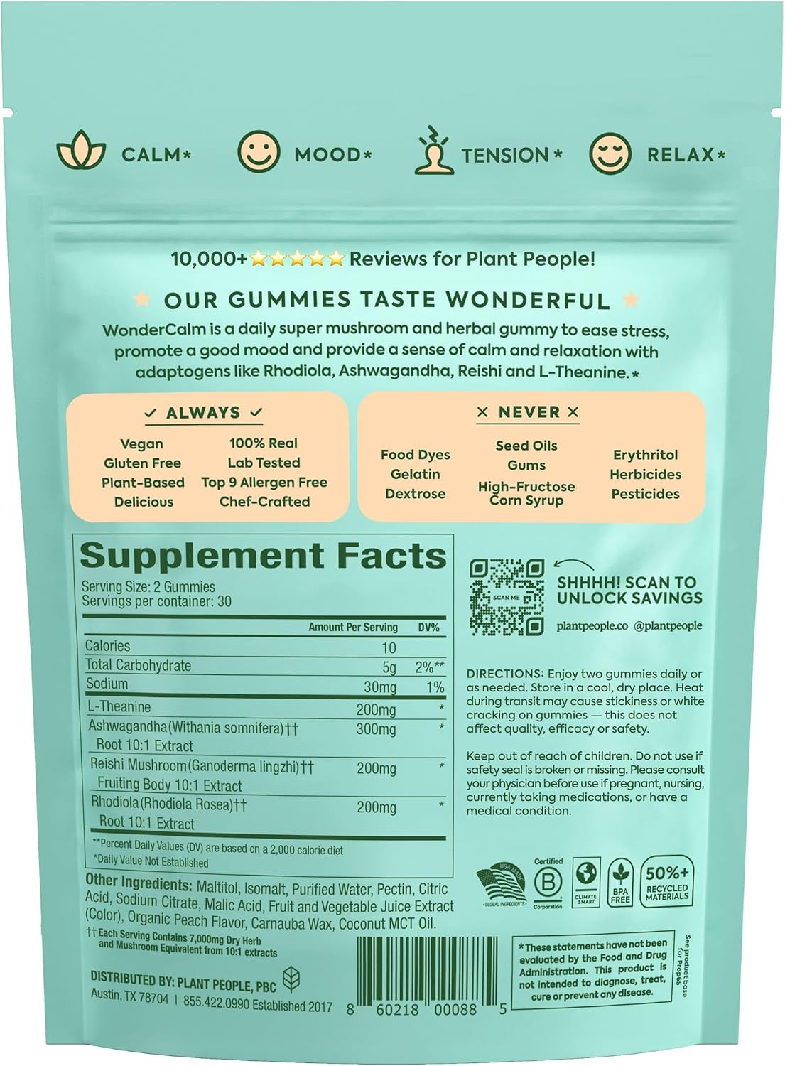 Plant People WonderCalm Mushroom & Ashwagandha Gummies, Peach Flavor 60ct
