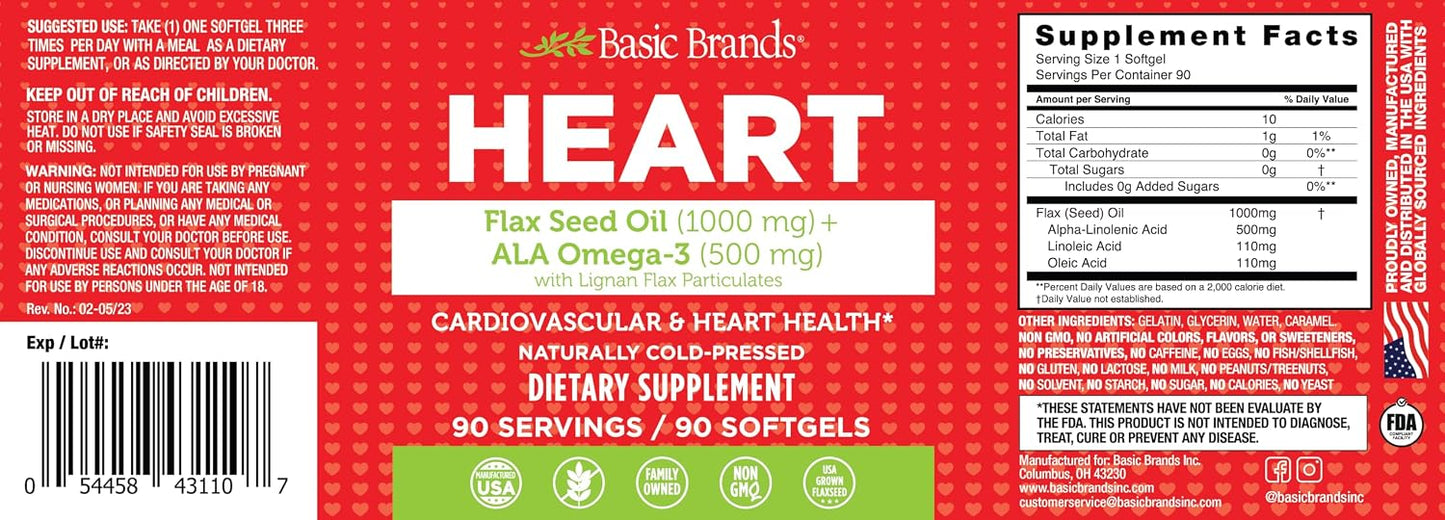 Basic Brands Smart Heart Flaxseed Oil, 1000 mg 90 Softgels | ALA Omega-3 & Lignans, Cold-Pressed, Plant-Based Omega-3, Heart, Brain & Skin, Non-GMO