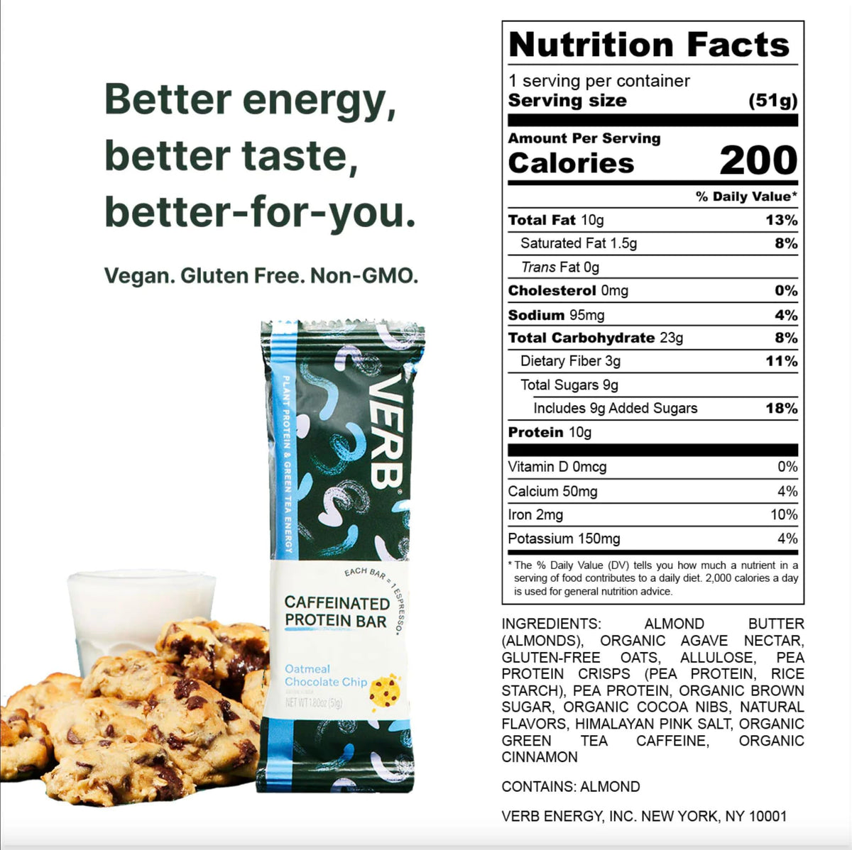 Verb Energy - Oatmeal Chocolate Chip Caffeinated Protein Bars - 190-Calorie 6g Sugar 10g