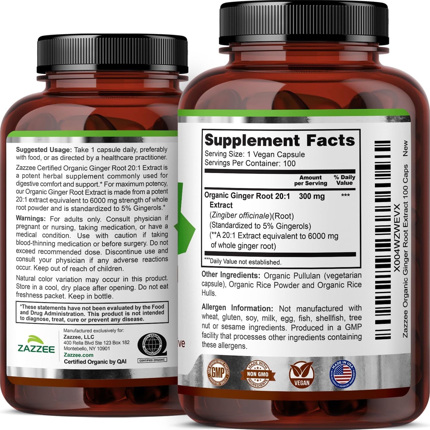 Zazzee USDA Organic Ginger Root 20:1 Extract, 5% Gingerols, 100 Vegan Capsules, 3+ Month Supply, Zingiber Officinale, Digestive & Stomach Support, All-Natural, Non-GMO, Made in the USA