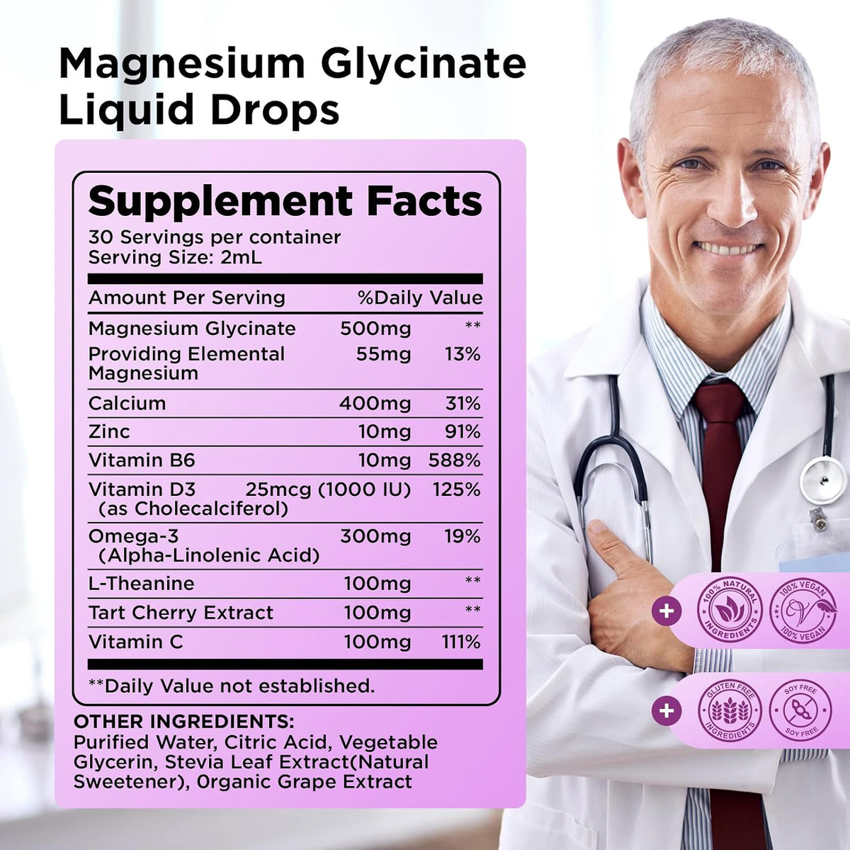 2 Pack Magnesium Glycinate Liquid Drops, Magnesium Glycinate Supplement 500mg with Calcium, Zinc, Vitamin B6, D3, L-Theanine, Omega 3 for Sleep, Mood, Stress Relief, Bone, Muscle, Grape Flavor 4 Fl Oz