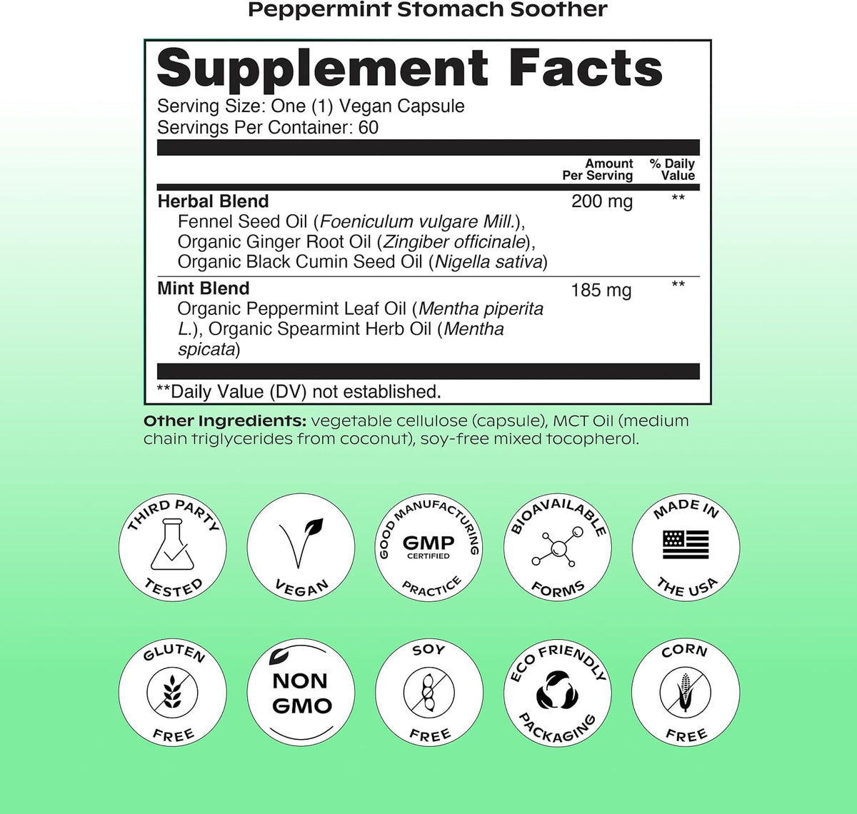 wholier Peppermint Stomach Soother, Ginger, Fennel & Spearmint, 60 Capsules