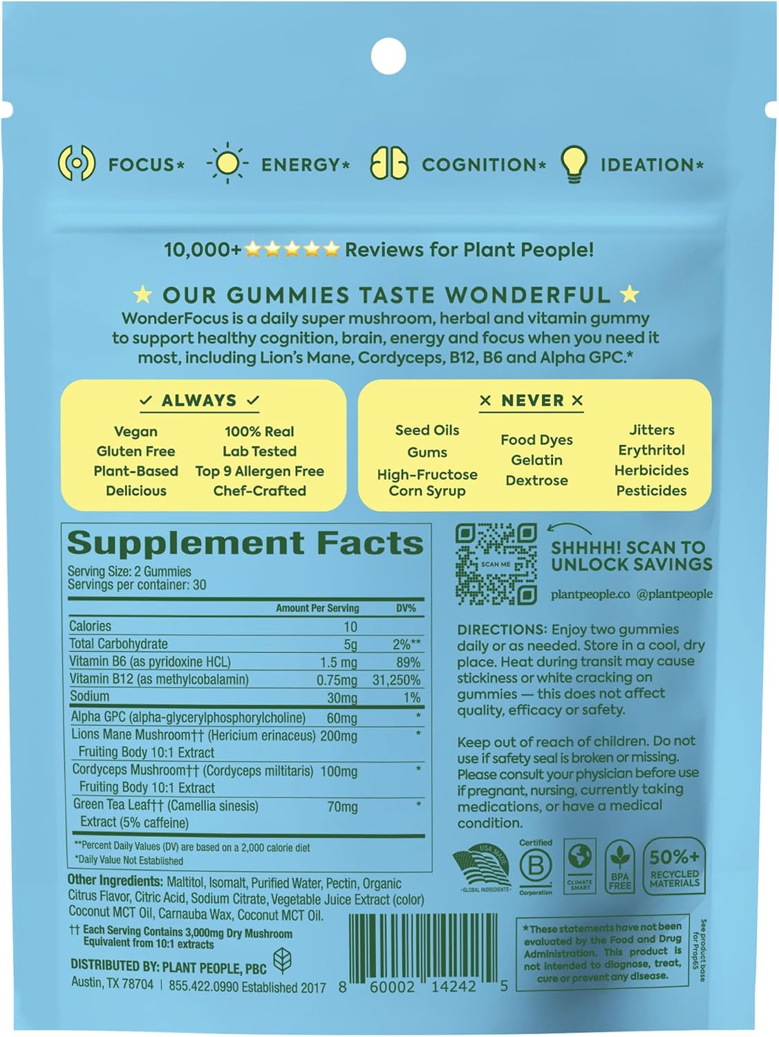 Plant People WonderFocus Mushroom Gummies with Lion’s Mane & Cordyceps 60ct